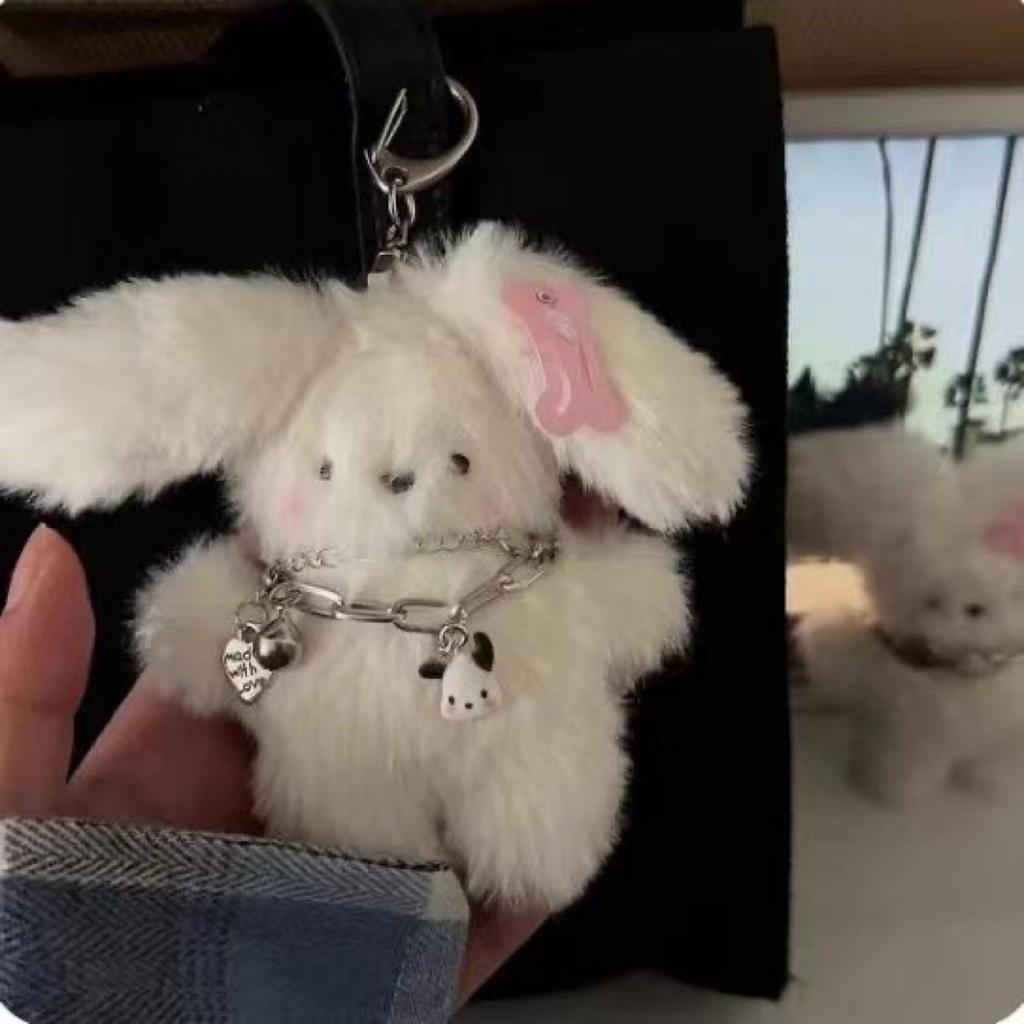 UK Couple Accessories: Cute Rabbit & Dog Plush Heart Keychain - Girlish Bag Charm Pendant