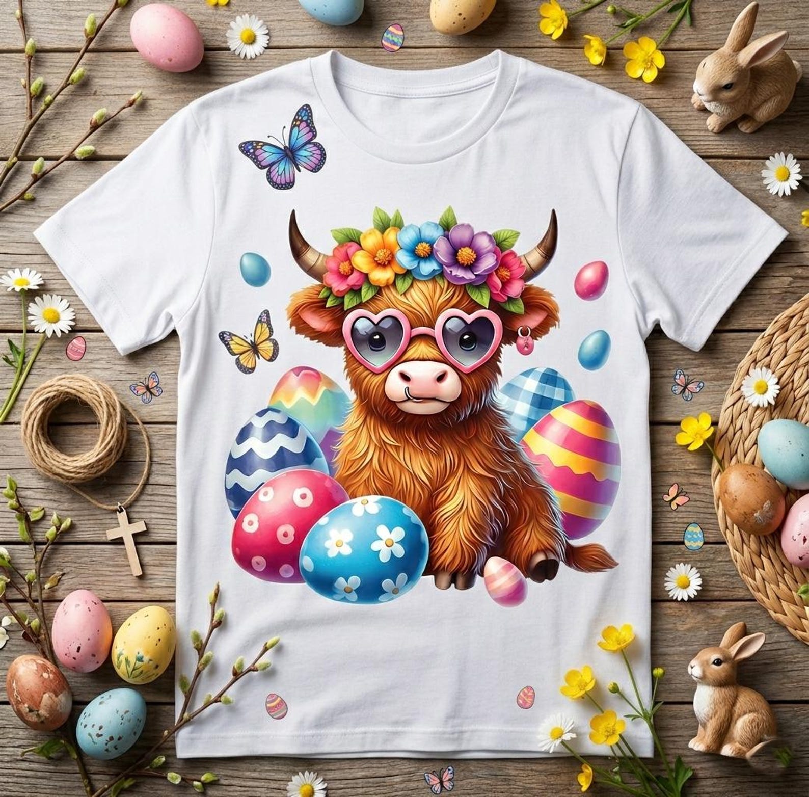 Happy Easter Highland Cow Heifer Easter Day Farmer Cowgirl Shirt M