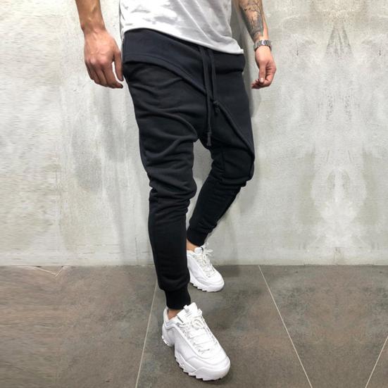 Men Harem Pants Solid Color Ankle Tied Streetwear Hip Hop Double Layer Running Baggy Pants for Jogging