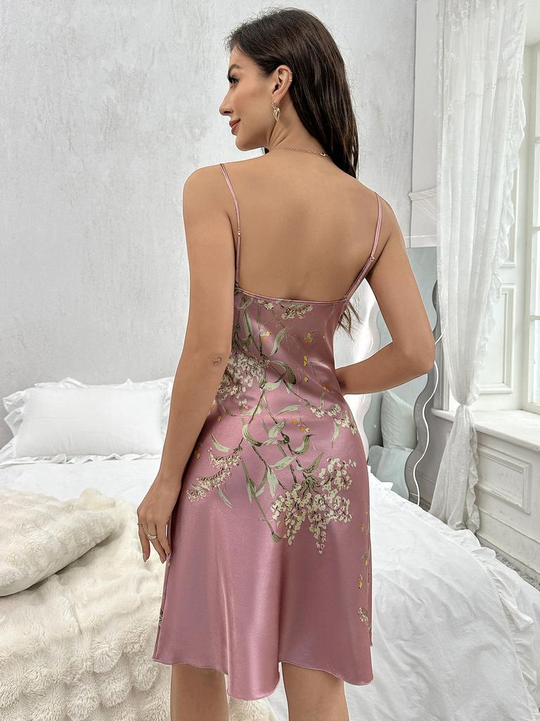 Women's Sexy Camisole Nightgown Summer Thin Ice Silk Slip Dress Mid-length Cherry Print Loungewear