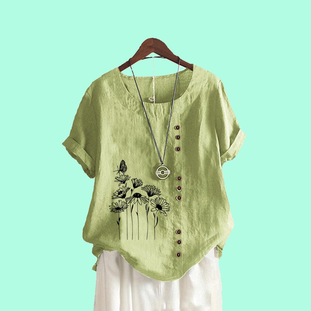 

Женская повседневная футболка с принтом, летняя мода, топ с коротким рукавом, свободные блузки больших размеров с круглым воротником XXXXXL зелёный