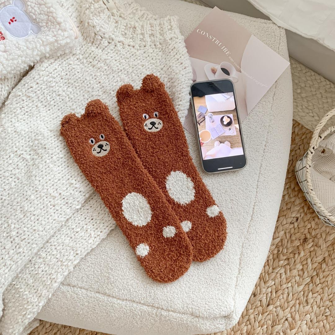 

No Hair Loss Coral Fleece Socks Female Three-Dimensional Ears Red Panda Cartoon Floor Socks Autumn And Winter Thickened Warm Sleep Socks One size коричневый