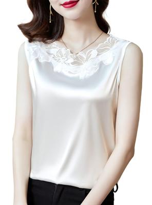 Yuoku Satin Tank Shiny Sleeveless Lace Stylish Solid Simple Women's Top, Blouse, Camisole, Top, Tank, Thin, Color, Layering, Smooth, Silk-Like,