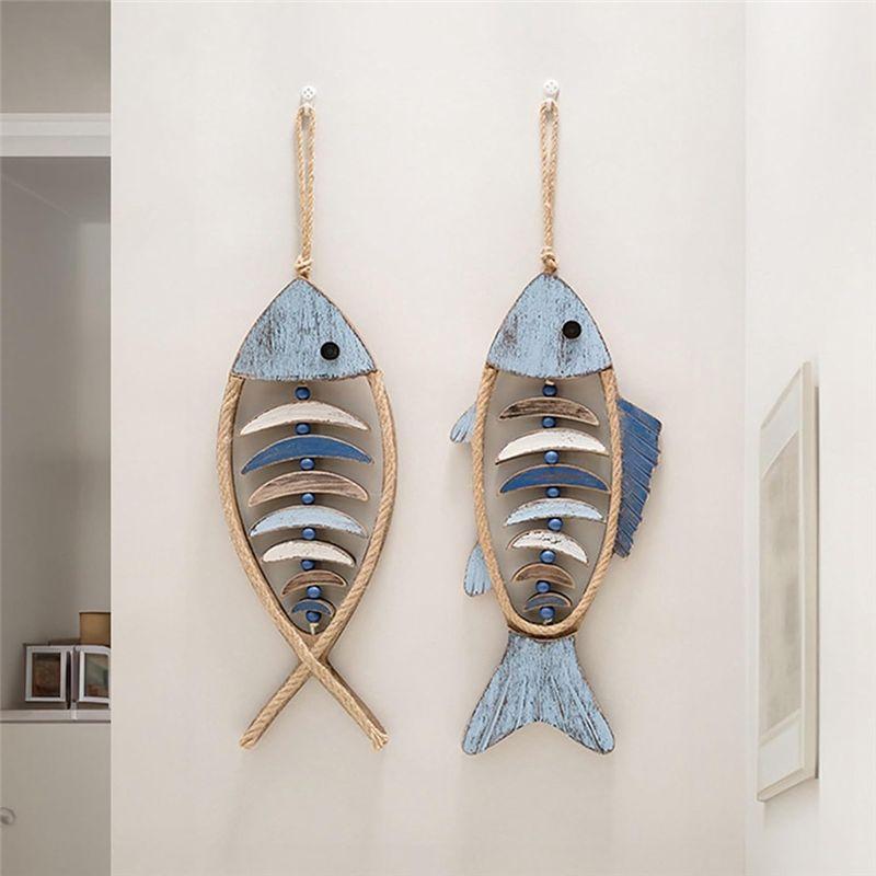 AEE4-Wooden Fish Wall Decor, Antique Nautical Fish Decoration, Hand Carved Fish Wall Decor, For Mediterranean Beach Theme