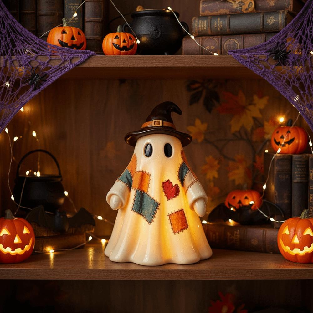 Resin Made Patchwork Ghost Light Lightweight 3D Shaped Ghost Pumpkin Lantern Compact Size Exquisite Detail Witch Hat Figurine