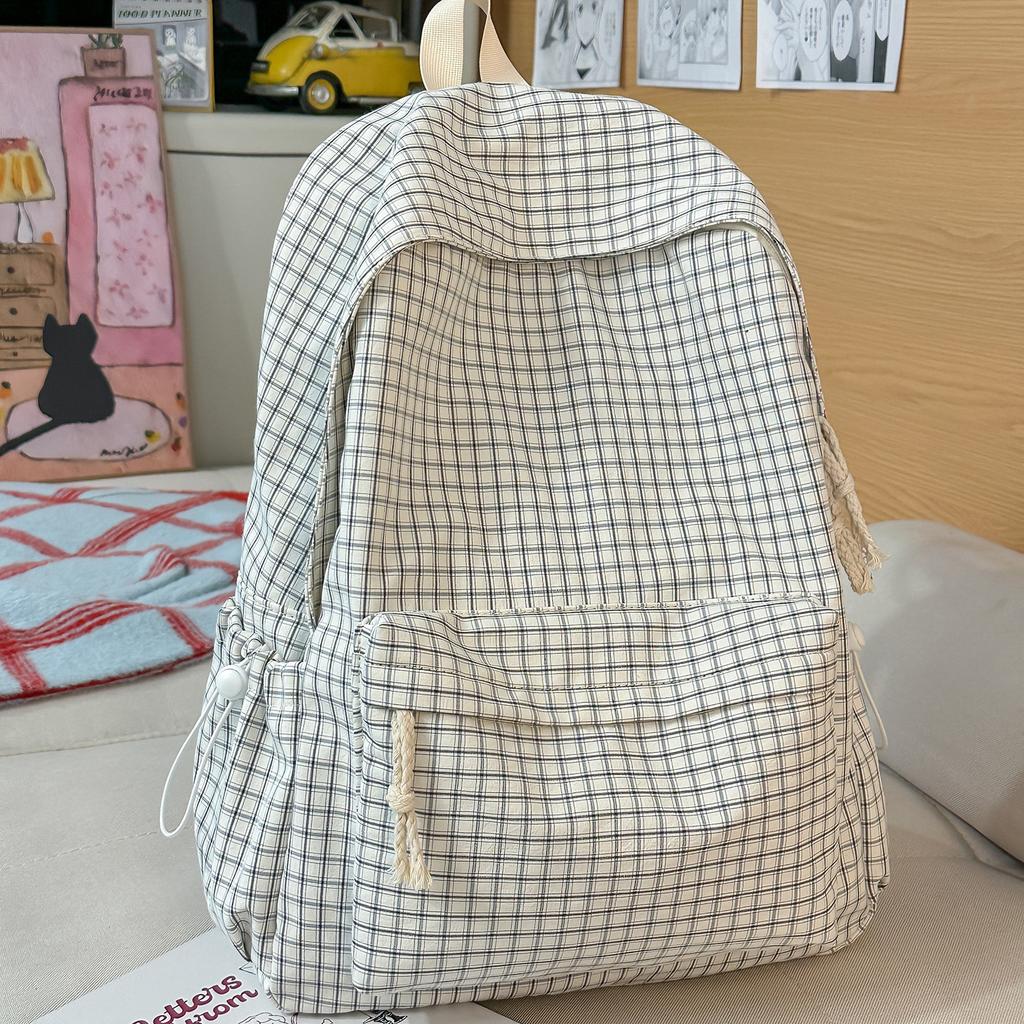Schoolbag casual large capacity backpack ins style fashion girl Korean version plaid simple college student schoolbag travel backpack