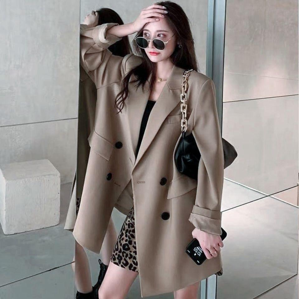 Women's Trendy Khaki & Black Loose Suit Top - Slimming Korean Style for Spring/Autumn