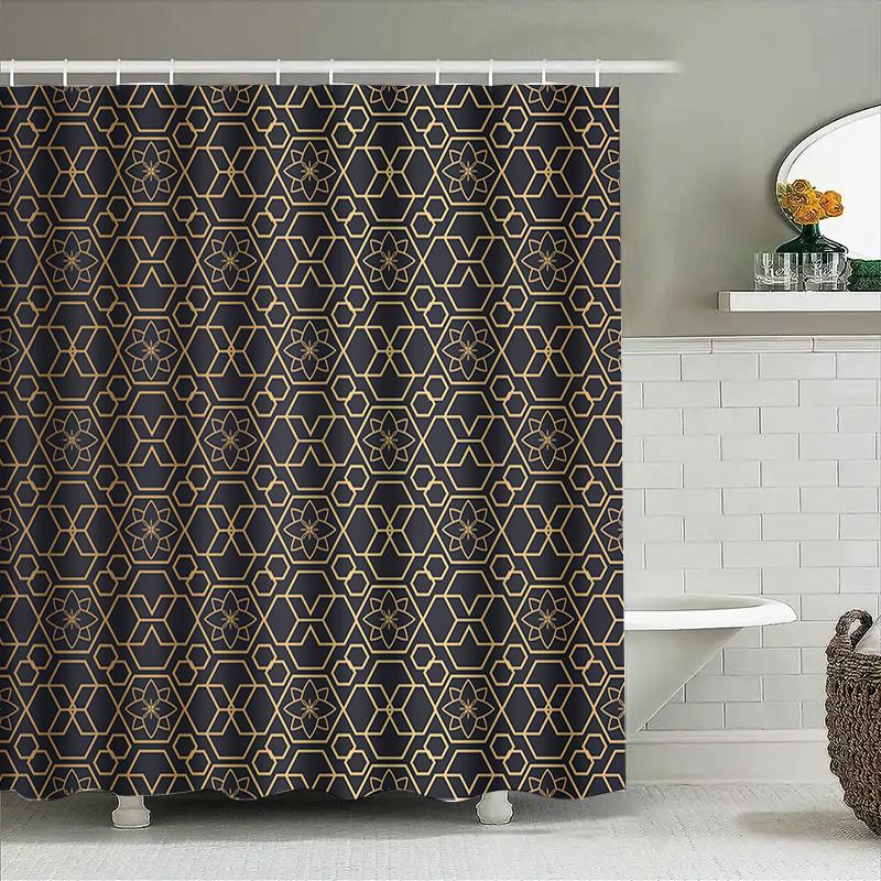 Modern Geometric Bathroom Shower Curtain With Hexagonal Design Navy Blue And Gold Color Combination Set For Bathtub Decorations