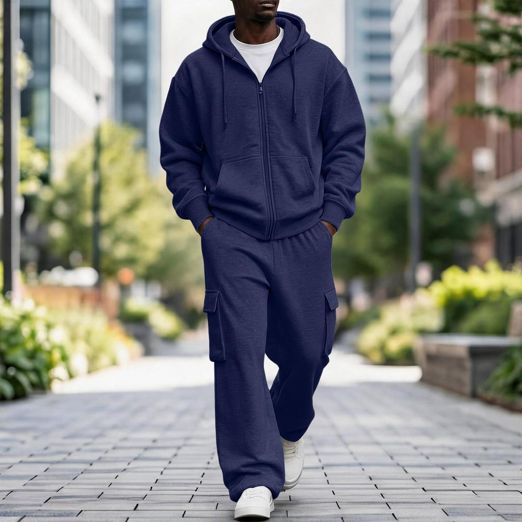 Ensemble de survêtement décontracté d'extérieur pour homme avec sweat à capuche zippé et pantalon cargo à taille élastique - Ensemble 2 pièces