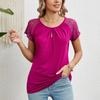 Spring Summer Solid Color Round Neck Lace Patchwork Short Sleeved T-shirt Top for Women Shirt