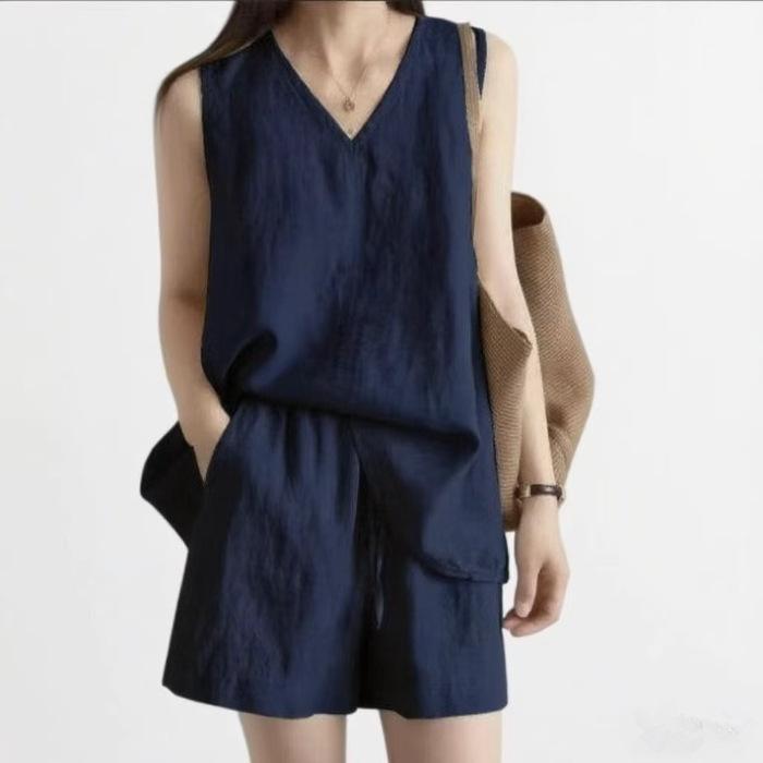 Summer Casual Loose Cotton and Linen Two-piece V-neck Vest Shorts Suit for Women