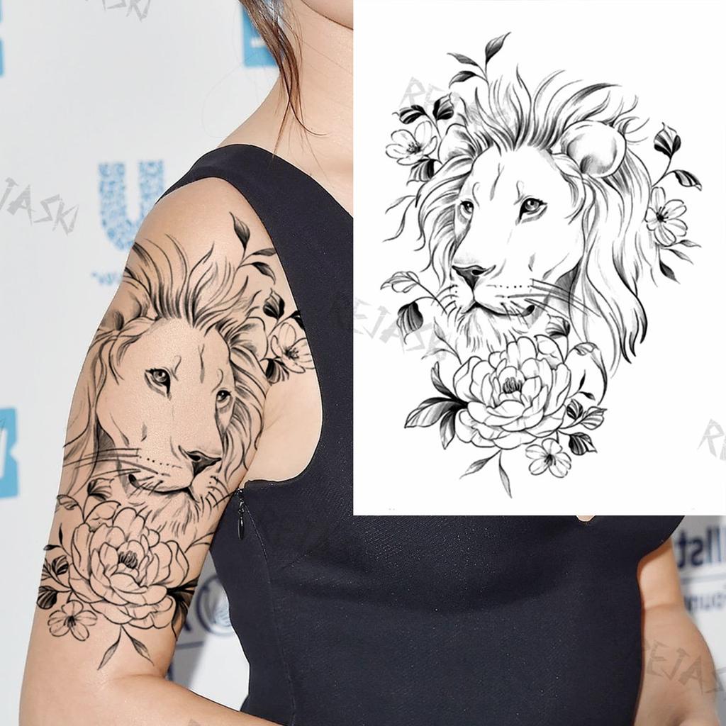 Tatouage Lion Avec Rose Femme Acheter Black Rose Pivoine Tatouages temporaires pour femmes Filles  Réaliste Tigre Loup Lion Fleur Faux Tatouage Autocollant Taille Dos Tatoos  | Joom