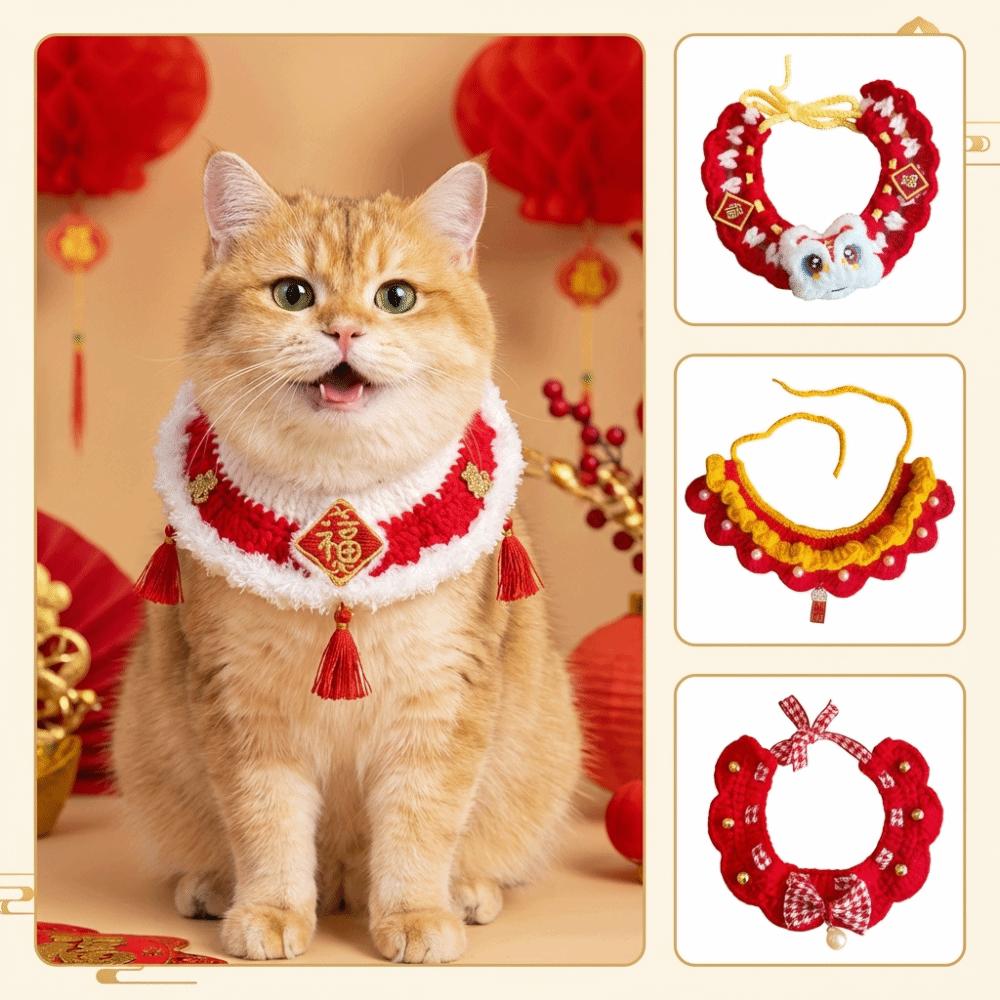 Cute Chinese Style Pet Scarf Knitted Material Handmade Cat Knitted Scarf Cartoon Funny Design Puppy Collar Pet Accessories