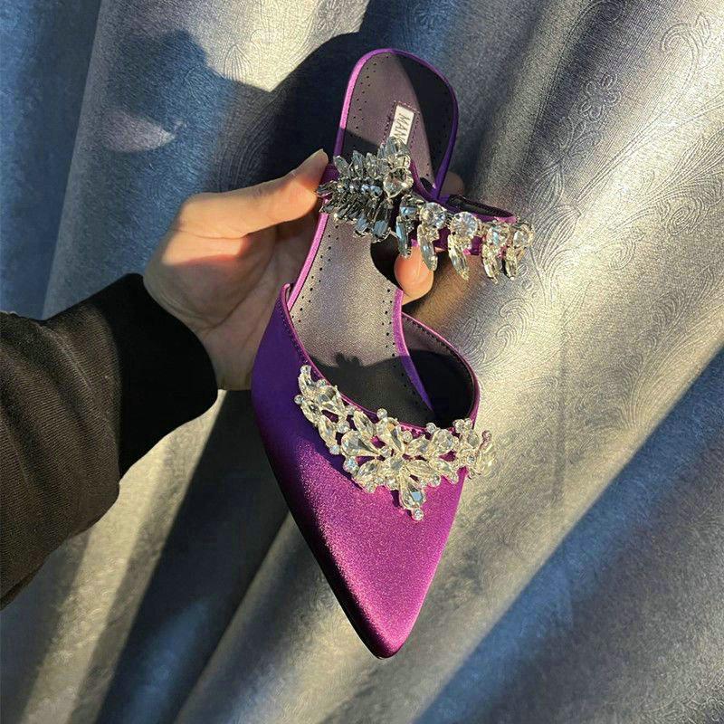 Fashion Couture! French Pointed Flat Sandal Rhinestone Goddess Fan Niche Design Sense High Heel Half Drag