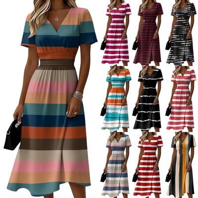 Ladies' Striped Casual Fashion Short Sleeved V-neck Dress