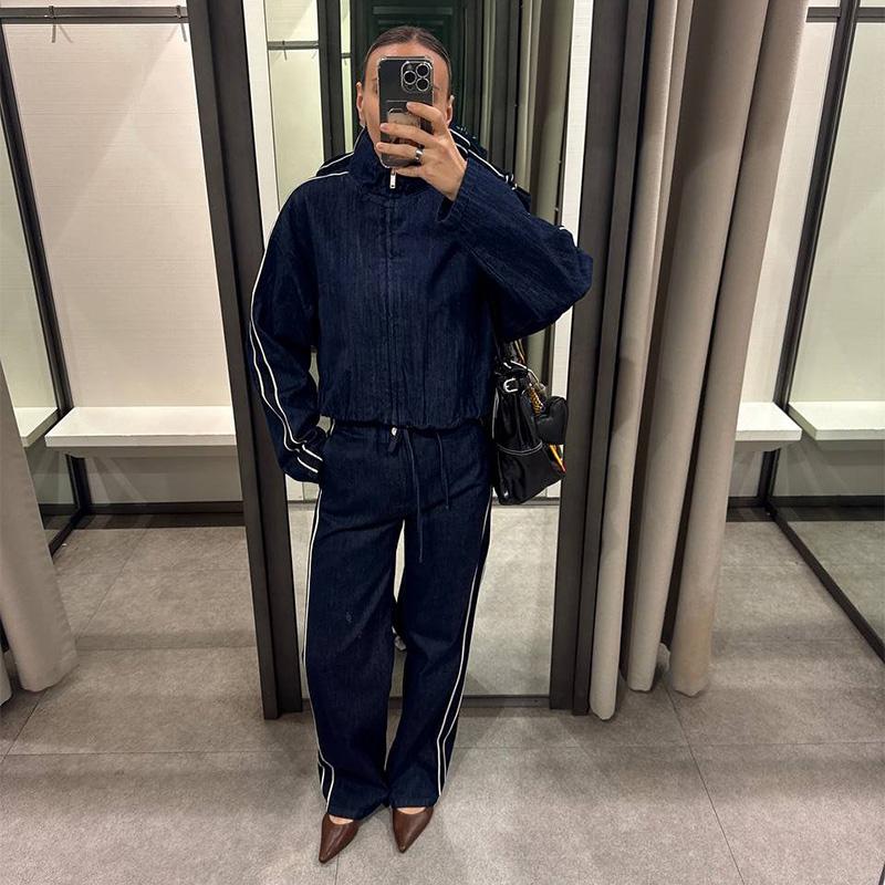 Patchwork Gestreifte Jacke Weitbeinige Hose Set Damen Stehkragen Reißverschluss Locker Jeansjacke Kordelzug Hose Zweiteiliges Set Schlichtes Lässiges Hosen-Set