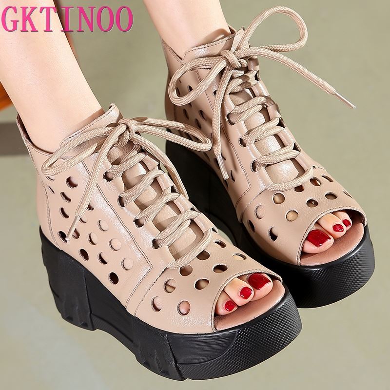 Fashion GKTINOO 2024 Fashion Ladies Sandals Openwork Gladiator Sandals Women Flat Sandals Open Toe Genuine Leather Summer Cool Boots