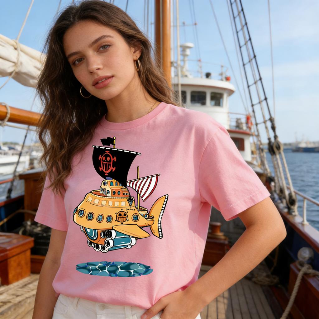 Womens Cartoon Submarine Graphic Tshirt Blue Yellow Nautical Design Soft Cotton Casual Tee for Daily Campus Home Wear