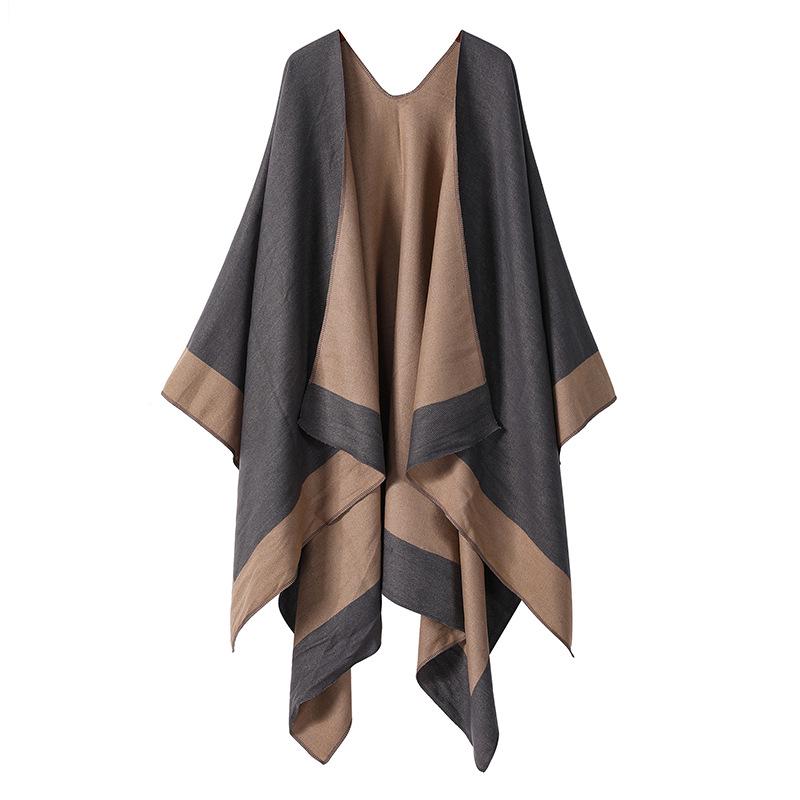 Women's European & American Double-Sided Solid Color Cape Shawl with Striped Edge