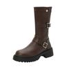 Vintage Western Ritterstiefel Damen 2025 Herbst und Winter neu runde Spitze dicker Absatz britische Martin Stiefel quadratische Schnalle mittelhohe Stiefel
