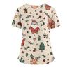 Women's Christmas Print V-Neck Double Pocket Short Sleeves Hem Slit Uniform And Caregiver Top