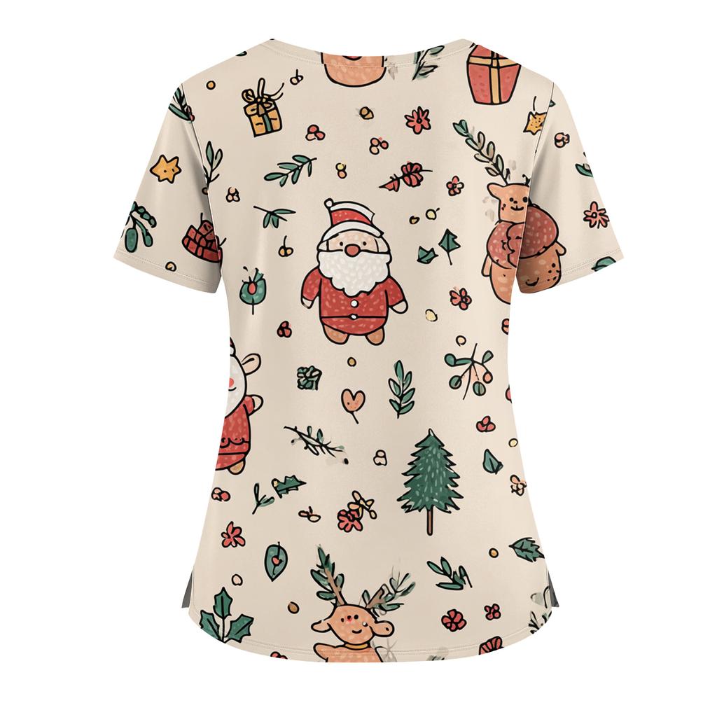 Women's Christmas Print V-Neck Double Pocket Short Sleeves Hem Slit Uniform And Caregiver Top