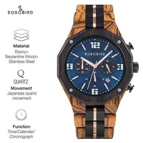 BOBO BIRD mens wooden watch sports fashion wristwatch casual chronograph quartz stainless steel strap date display blue medium luxury elegance