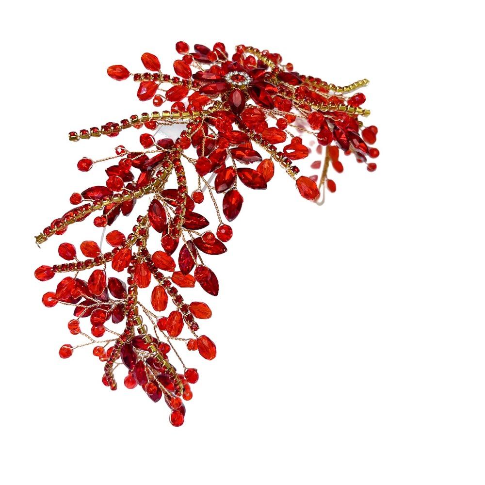 Сверкающая Свадебная Диадема Дизайн Листьев Элегантная Корона Невесты Тиары Цветок из Страз Ручная Работа Свадебные Аксессуары Для Волос красный