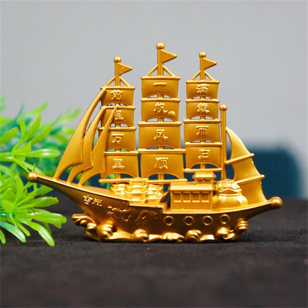 Golden Metal Sailing Ship Bucket Teapot Sculpture Chinese Fengshui Statues for Wealth and Prosperity Decorative Ornament