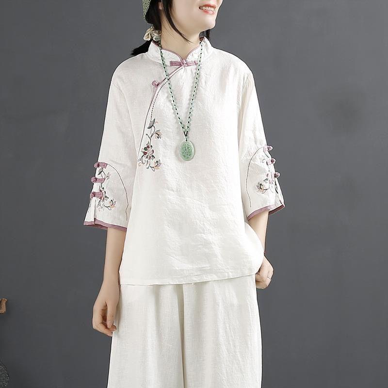 New cotton and linen shirt women's spring and summer stand-up collar button-up top diagonal placket embroidery