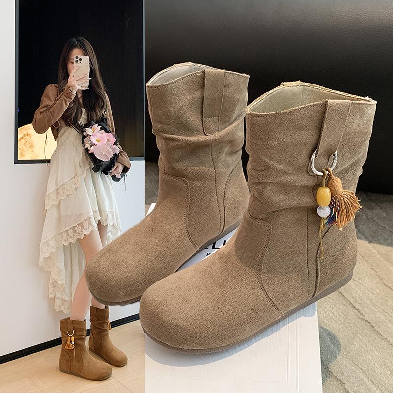 Retro Ethnic Small Pendant Small Short Boots Women's 2025 New Autumn and Winter Sleeve Round Head Stacking Boots Slim Martin Boots