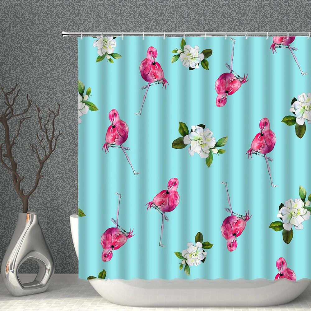 Pink Flamingo Shower Curtain Waterproof Fabric Black Background Tropical Plant Flamingos Print Bathroom Curtains Set Bath Screen