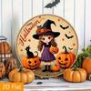 Vintage Halloween Witch Aluminum Round Wall Sign, Black Cat Pumpkins Bats Gothic Metal Art Decor