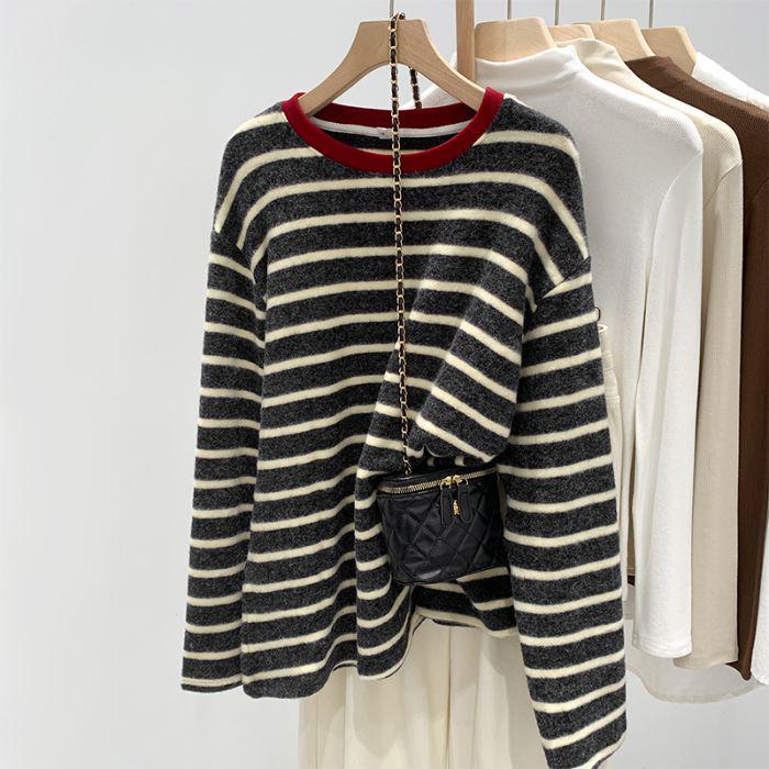 Plush Feel Korean Style Pink Striped Long Sleeve T-shirt for Women - Autumn/Winter Loose Fit