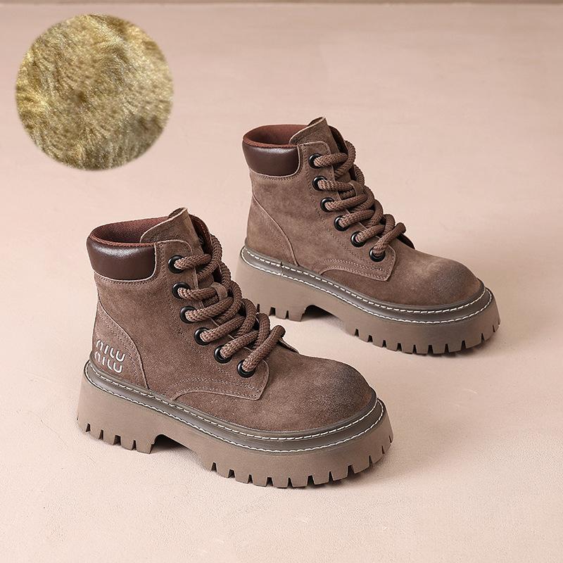 First layer pigskin Martin boots women's 2025 thick-soled heightening outdoor rhubarb boots versatile retro British style tooling short boots
