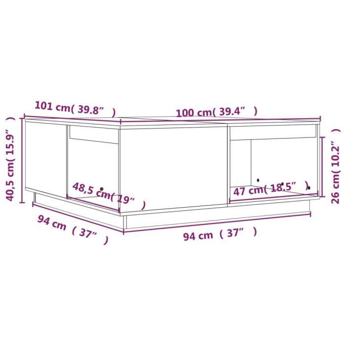 814523 vidaXL Table basse Noir 100x101x40,5 cm Bois massif de pin