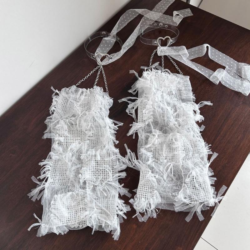 Women Lace Leg Warmers with Leg Loop Subculture Long Leg Socks Baggy Cuffs Ankle Heap Socks Mesh Flared Leg Sleeves