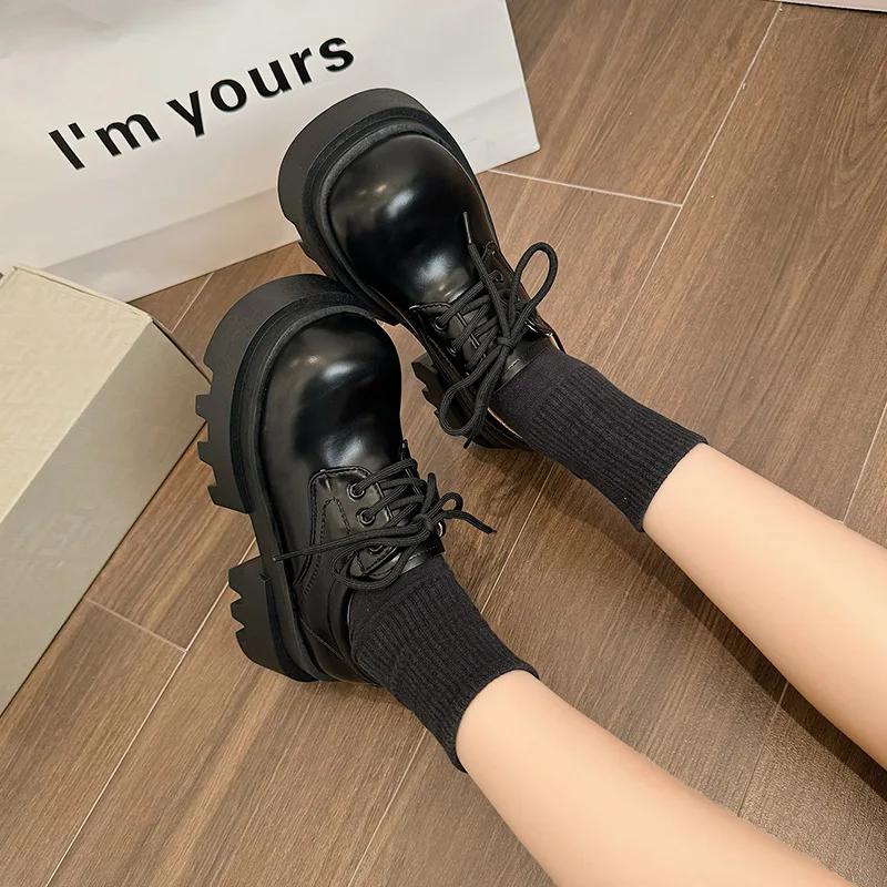 2024 Autumn New Thick Soled Women Pumps Shoes Women's Height Increasing Black Loafers Fashion Lace Up Chunky Middle Heel Zapato