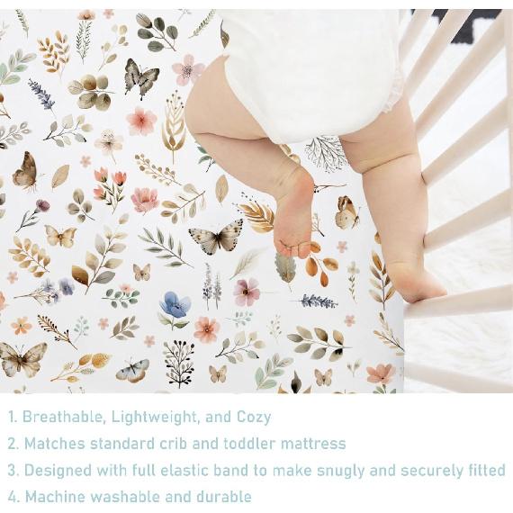 Retro Boho Floral Leaves Butterflies Baby Crib Sheet 52''x28'' Botanic Garden Spring Stretchy Fitted Crib Mattress Cover for Boy Girl Plants Soft