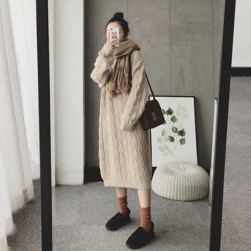 [] Autumn and winter new solid color loose lazy wind sweater skirt round neck long sleeve loose version knitted dress