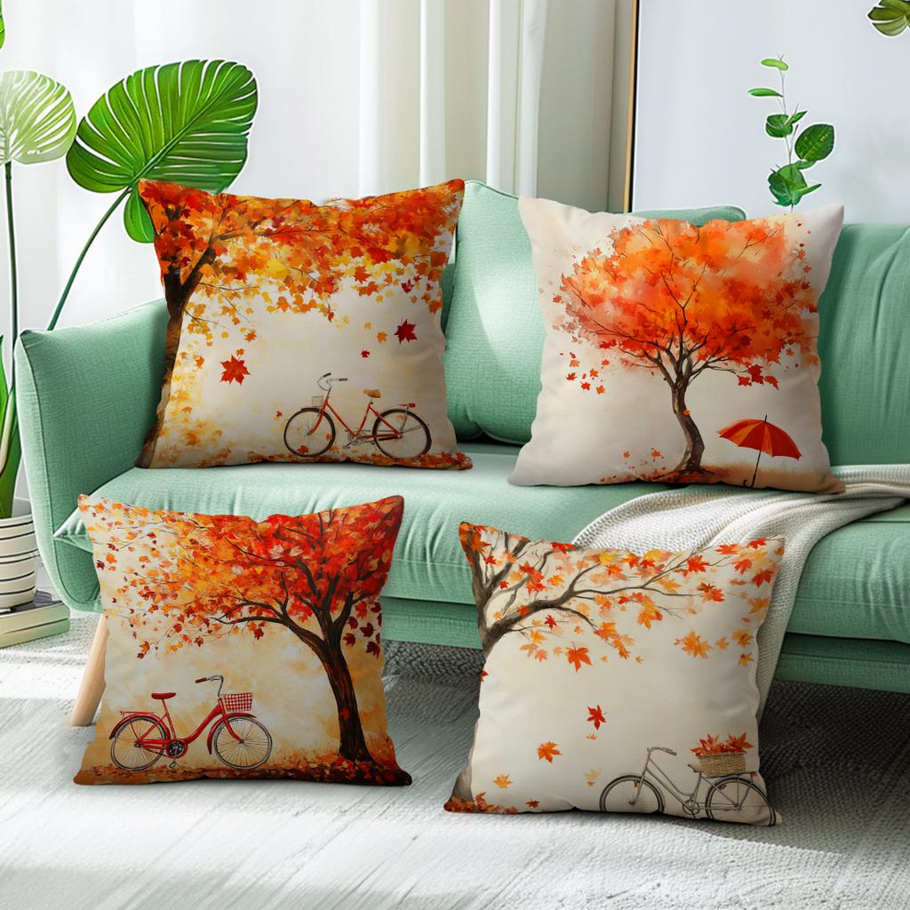 Home Decor Autumn Trees & Bicycles Decorative Pillow Covers Pattern Cushion Cover Suitable For Sofa Bedroom Car Pillow Cover