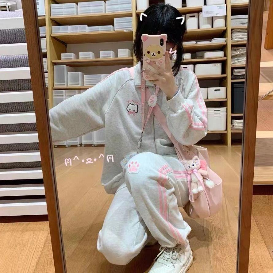 Японская мода Kawaii молния толстовка женская Harajuku милый розовый кот вышивка большой — фото 5