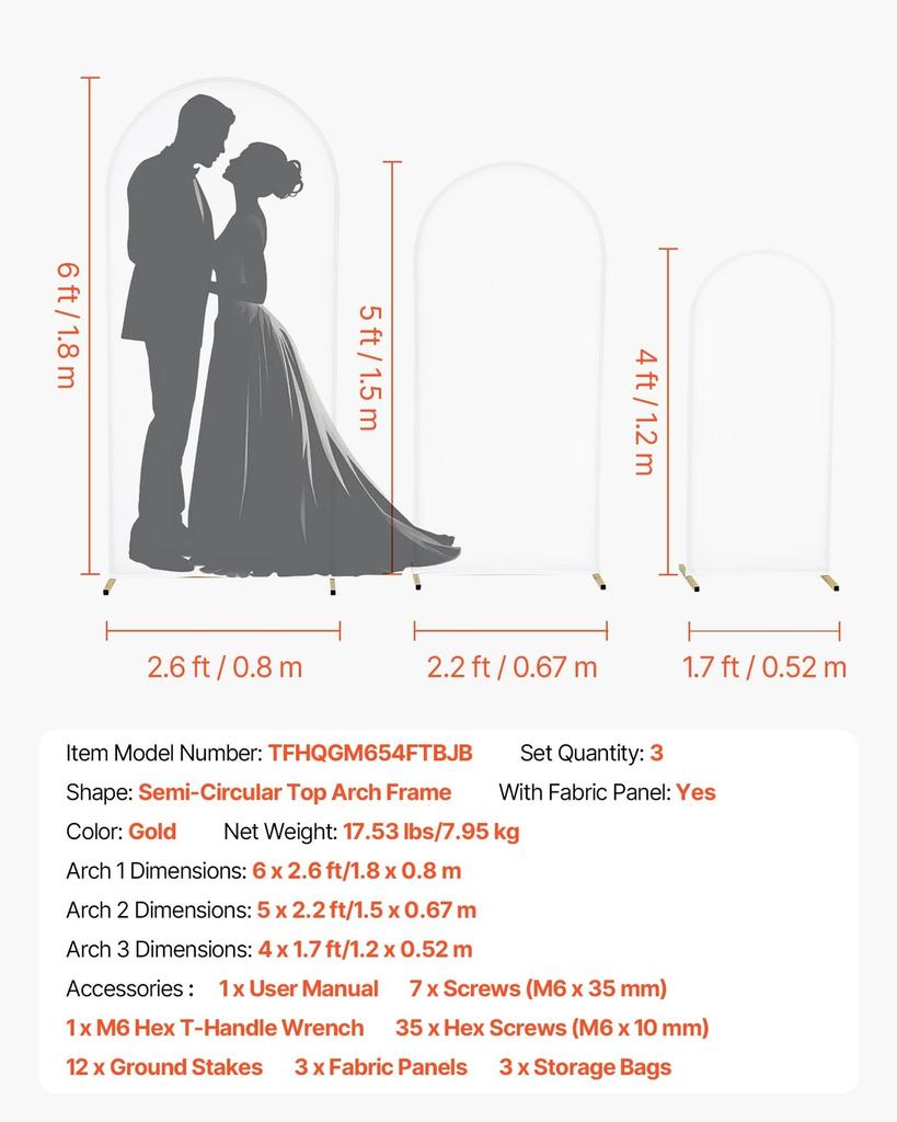 Arch Backdrop Stand, Set of 3, 1.8/1.5/1.2 m, Stable Structure, Easy Assembly, Gold Metal Arch Backdrop Stand with Cover, for Wedding, Birthday Party,