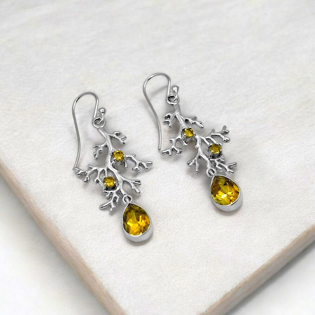 Tree Root Earrings, Natural Citrine Earring, 925 Sterling Silver Jewelry, Birthday gift