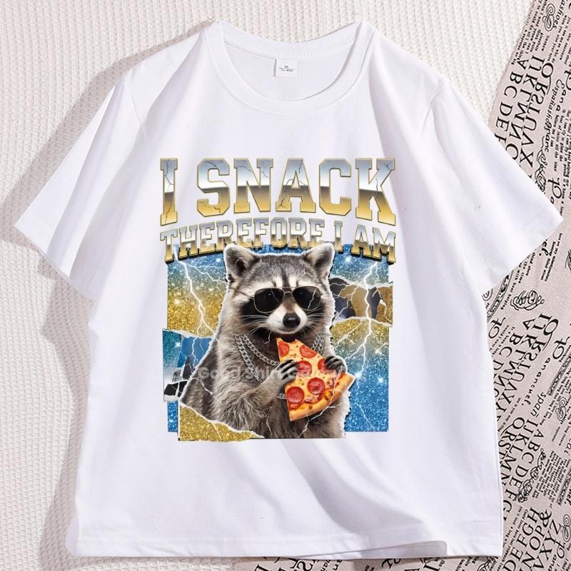 Raccoon Pizza TShirt I Snack Therefore I Am Graphic Tees Funny Animal Lover T Shirt Retro Cotton Short Sleeve Round Neck Tee