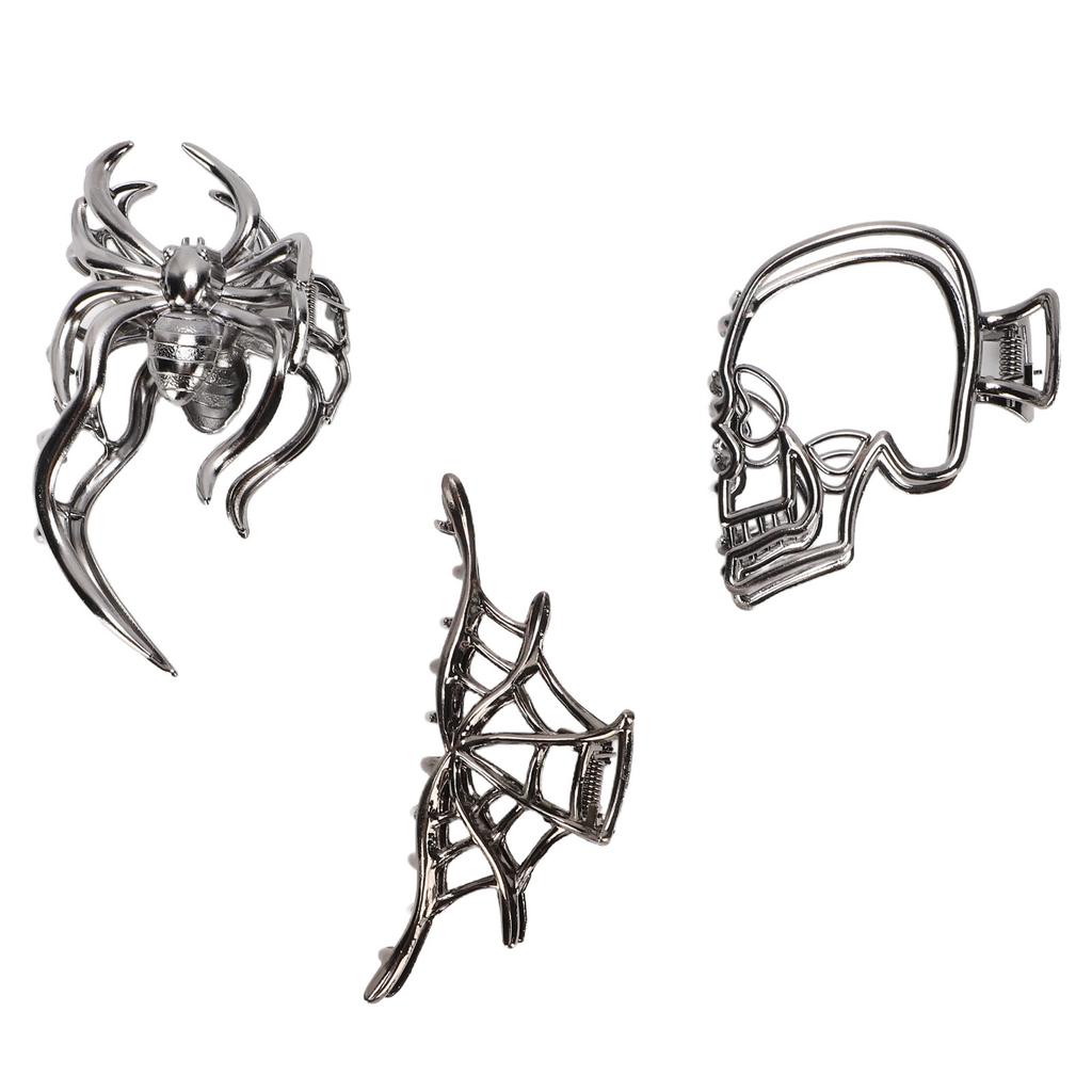 Gotische Silber Schwarz Spinnennetz Skelett Totenkopf Haarspangen für Damen und Mädchen Dickes Dünnes Haar 3er Pack