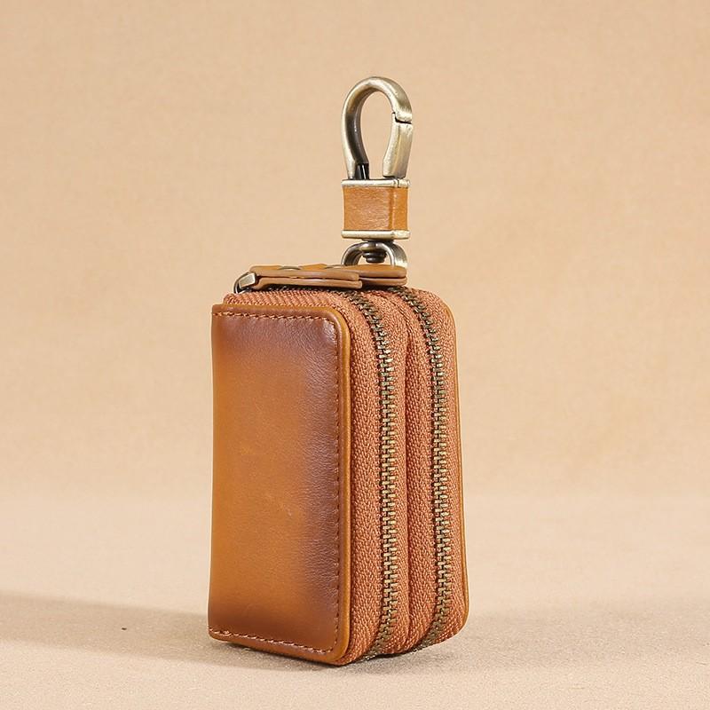 

Первоклассный чехол для ключей от машины из коровьей кожи, двойная молния, универсальный кожаный чехол для защиты ключей от машины, мужской чехол для ключей