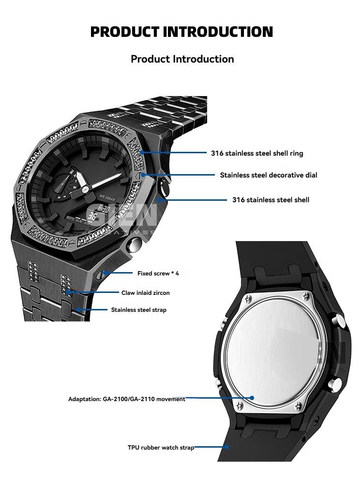 Pro hodinky Casio G-SHOCK Black Knight GA-2100/GA-2110/GA-B2100 Modifikované pouzdro s černým diamantem Sada nerezového řemínku Příslušenství