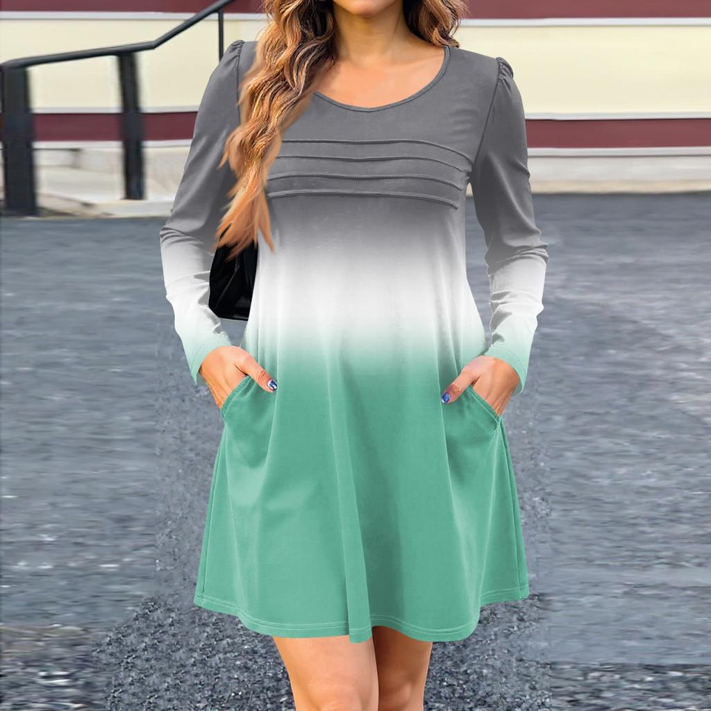 Women's Long Sleeve Dress Fall Casual T Shirt Loose Fit Pleated Front Dresses With Pockets