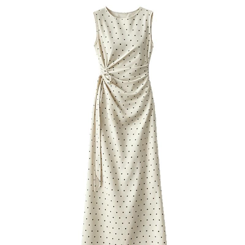 New High-end Temperament Polka Dot Dress Women's Side Waist Strap French Sleeveless Long Dress Summer Tide